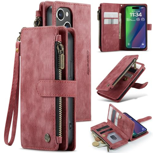 UEEBAI Handyhülle für iPhone 15 6.1 inch, Retro Reißverschluss Hülle Premium PU Leder Weiche Klapphülle Magnetverschluss Kartenfach Standfunktion Geldbörse mit Trageband Schutzhülle - Wein Rot