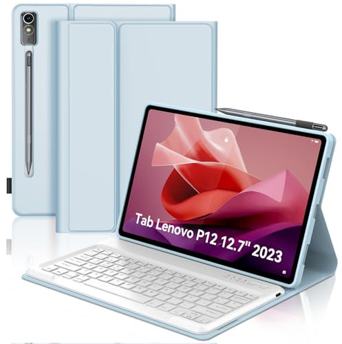 SENGBIRCH Funda con Teclado para Lenovo Tab P12 12.7, Lenovo Tab P12 Funda Teclado, Español Ñ Bluetooth Inalámbrico Desmontable para Lenovo P12 Tablet 2023 12.7 TB370FU, Azul Claro