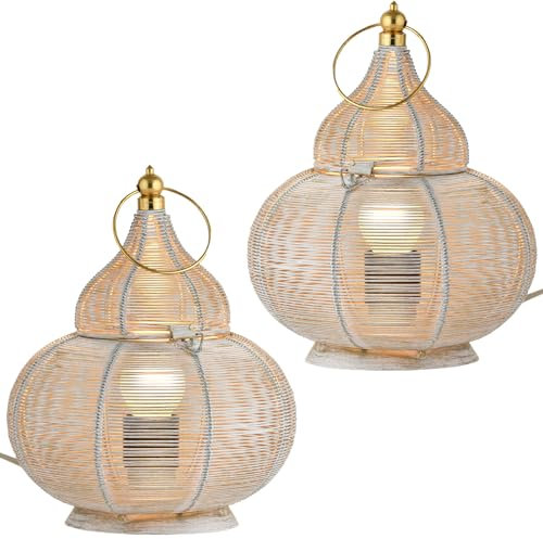 Marrakesch 2er Set Tischlampe Nachttischlampe 25cm groß | Orientalische Deko Lampe Stehlampe im Wohnzimmer Schlafzimmer oder Kinderzimmer | Marokkanische Tischleuchte Tamara weiß gold aus Metall
