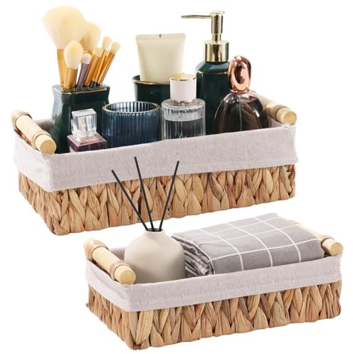 Natural Water Hyacinth Toilet Paper Basket with Removable Liners, Hand-Woven Wicker Storage Basket with Wooden Handles, For Shelf Bathroom Kitchen Home Desk, Set of 2