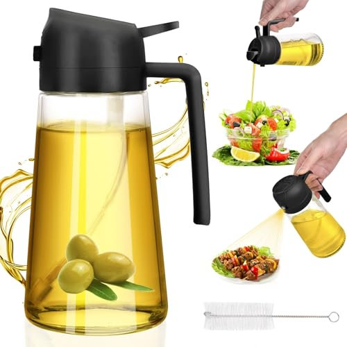 HUAERSICO 470ml Pulvérisateur d'Huile 2-in-1 - Vaporisateur Huile en Verre épais avec Brosse à Huile et Brosse de Nettoyage Design Anti-Goutte Spray Huile Cuisine pour le Cuisine, Barbecue