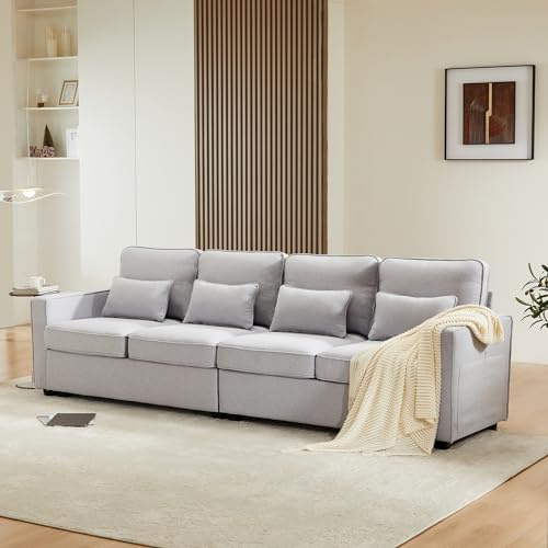 Lexiou Modernes 4-Sitzer-Sofa aus Leinenstoff, Viersitzer-Sofa mit Armlehnentaschen und 4 Kissen, im einfachen Stil, geeignet für Wohnzimmer, Wohnung, Büro, 3 Farboptionen (Grau)