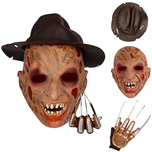 Yearsahrk Freddy Krüger Maske Kostüm Cowboyhut Handschuh Horror Zombie Maske Karneval Halloween Kostüm Cosplay Latex Requisiten (Freddy Krüger Maske)