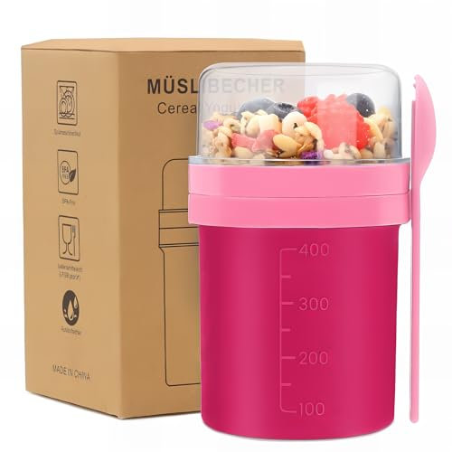 Bugucat Taza para Cereales 450ML+250ML, Taza de Yogur Recipientes para Cereales para Llevar con Tapas y Cuchara, Reutilizable Porta Yogur Vaso Portátil Taza de Cereales con Recipiente para Ensaladas