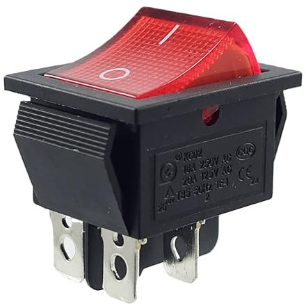 Wippenschalter, Geräteschalter 4 Pin 16A 250VAC 28x21mm, Wippe rot LED beleuchtet