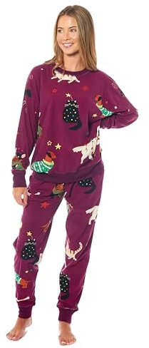 Daisy Dreamer Pigiama da donna in pile stampato, morbido e caldo, abbigliamento da notte, abbigliamento da notte a maniche lunghe, pigiama da donna con stampa animalier, Gatti & Cani, M