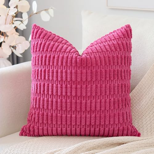 Artscope Corduroy Set of 1 Cushion Cover 45x45 cm Super Soft Boho Striped Square Pillow Covers Case Decorative Modern Cushion Covers for Sofa Couch Bedroom Car Decor Hot Pink