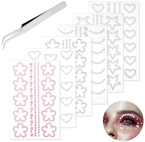 6 Selbstklebende Glitzersteine Gesicht, Glitzersteine Strassaufkleber 3D-Sterne und Mond Gesichts Strass Aufkleber für Make-up Glitter Temporäre Tattoo-Aufkleber Gesicht für Gesichtsdekoration