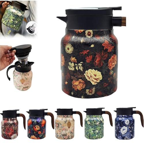 Vintage Floral Pattern Tea Thermos, 1000ml Stainless Steel Thermal Carafe with Lid for Hot Drinks, Built-In Infuser,Mini Hot Coffee Pot Office Stainless Steel,Insulated Teapot Detachable