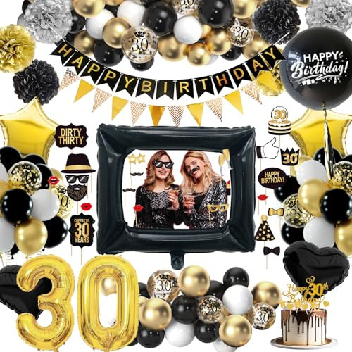 30 Geburtstag Deko Junge Mädchen, 30. Schwarz Gold Geburtstag Luftballons mit Fotorequisiten Happy Birthday Banner, Deko 30. Luftballons, Birthday Party Decorations