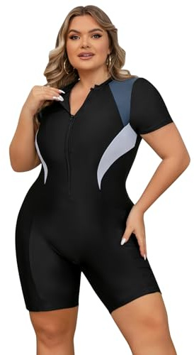 EFOGEP Plus Size Swimwear for Women: Ladies Swimming Costume Long Sleeve Zip Up Rash Guard High Stretchy Boyleg One Piece Swimsuit Surfing Modest Bathing Suit with Chest Pads Color Block 3XL