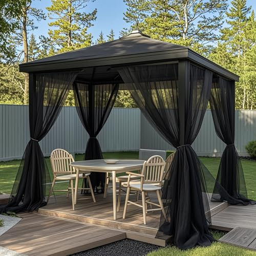 BTTO Rideaux d'extérieur, Lot de 2 Rideau Voilage Moustiquaire Exterieur Lumière Filtrer Transparent avec Bricolage Réglable pour Patio, Jardin, Gazebo, Noir, L160 X H305 cm