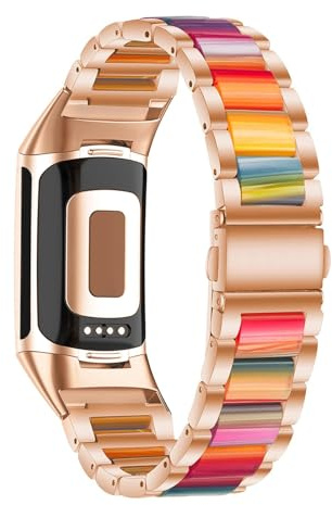 ahyao Edelstahl mit Halbtransparent Harz Armband für Fitbit Charge 6 / Charge 5, Einstellbar Ersatzarmband mit Faltschließe für Fitbit Charge 5 Aktivität Tracker (Regenbogen)