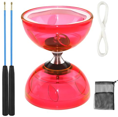 KUWUNG Diabolo LED avec roulement à billes, 4,5 mm - Diabolo lumineux - Kit de jonglage avec baguettes manuelles - Roue libre - Outil de cirque pour adultes, débutants et professionnels (rouge)