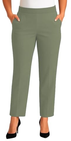 MAARAE Women's Straight Leg Trousers with Elasticated Waist – Comfortable Stretch Pants for Work, Office & Casual Wear | Sage Green 25 | Size 14