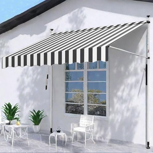 Ausziehbare Terrassenmarkise, 250 x 120 cm, manuelles Vordach mit Kurbel, ohne Bohren, Grauweiß, für Terrasse, Garten, Balkon, Außenbereich, Raum, Deck, Pergola