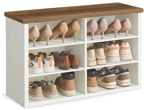 VASAGLE Schuhbank, Sitzbank mit Stauraum, 6 Fächer, 29,5 x 80 x 50 cm | Schuhregal, verstellbare Ablagen, für Wohnzimmer, Flur, Rustikales Weiss und Honigbraun, ISLAND Kollektion LSB032W201