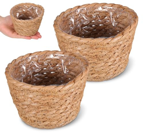 KESYOO Fioriere intrecciate a mano per piante da interno 2 pezzi, cestino rustico in rattan naturale, dimensioni piccole, 13 cm di diametro, vasi decorativi per casa e colore