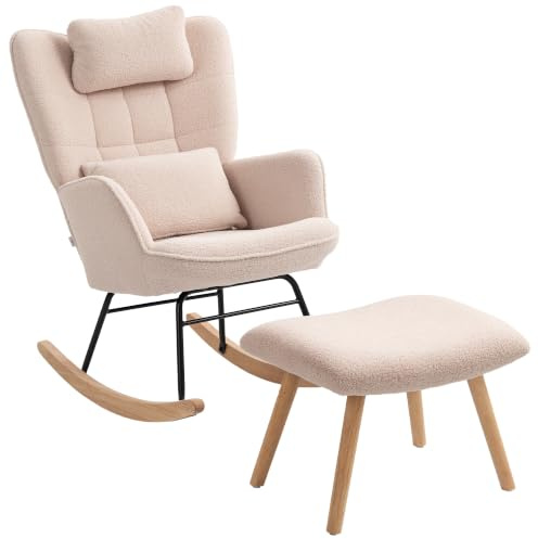 HOMCOM Schaukelstuhl mit Hocker Gepolstert mit Lendenkissen Beige | Schaukelsessel, Schwingsessel, Kopfstütze, Relaxsessel, Fleece-Bezug, Hoher Rückenlehne, Schwingstuhl, für Wohnzimmer