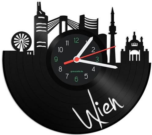 GRAVURZEILE Schallplattenuhr - Skyline Wien - Wanduhr aus gegossenem Vinyl mit Stadt Skyline - 30 cm - Upcycling Designer Uhr - Moderne Wanduhr im Retro Vintage Style - Made in Germany