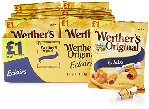 Werther's Original Creamy Toffees Eclairs, Deliciously Creamy Center With a Buttery Caramel Shell, Gluten-Free & Vegetarian, 100 g (Pack of 12)