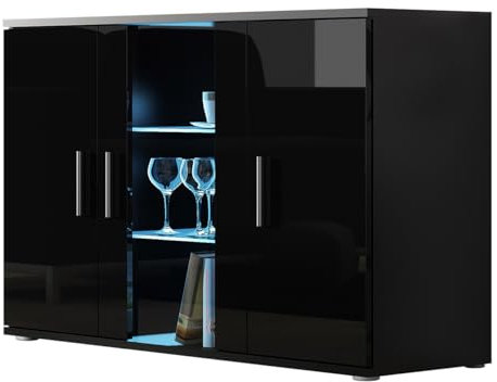 Mirjan24 Kommode Soho S7, Highboard, Anrichte, Mehrzweckschrank, Farbauswahl, Sideboard, Wohnzimmerschrank, Schrank, Wohnzimmer (Schwarz/Schwarz Hochglanz, mit Blauer LED Beleuchtung)