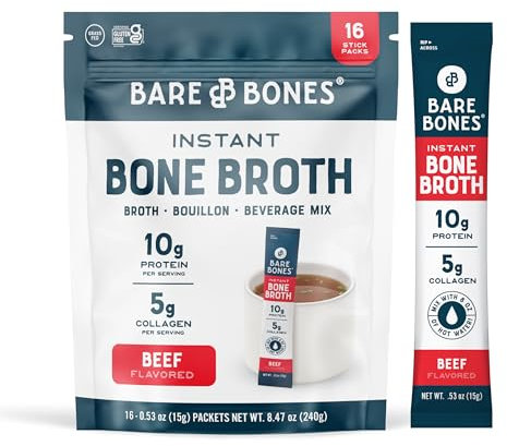 Bare Bones Beef Bone Broth Instant Powdered Mix | Rich Savory Packets on-the-Go No Artificial Flavors | Keto & Paleo Friendly | 10g Protein | 16 Pack