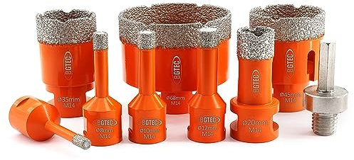 BGTEC - Set di 9 punte diamantate a secco, per mattoni in porcellana, ceramica, marmo, con filettatura M14, diametro misto 6/8/10/12/20/35/45/68 mm, con 1 supporto esagonale M14