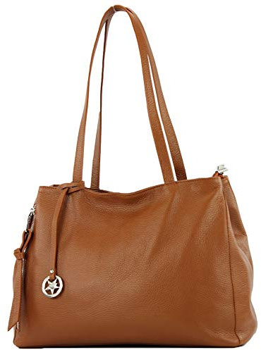 modamoda de T205 Damen Leder Schultertasche Shopper Henkeltasche handmade in Italy, Farbe:Cognac