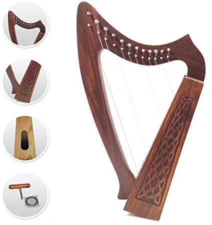 Juego de 12 cuerdas de arpa irlandesa celta de palisandro macizo con forma natural, palanca de nailon, juego extra incluido de 45,7 cm de alto