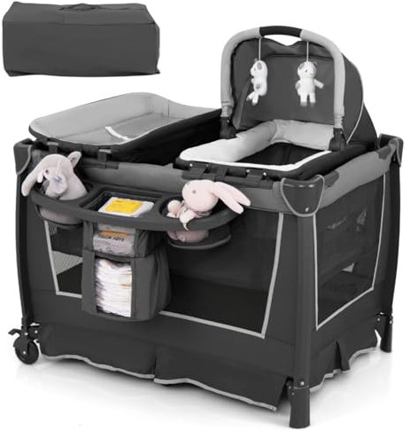 GYMAX Baby Travel Cot, 4-in-1 Foldable Infant Crib with Changing Table, Storage Basket, Toys and Wheels, Newborn Bassinet Bed from Birth to 15kg (Grey)