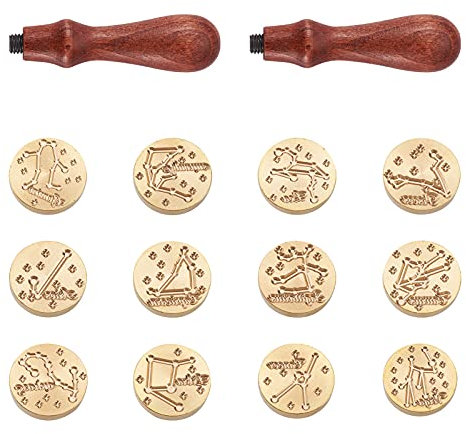 Cheriswelry Siegelstempel-Set, Sternzeichen, Sternzeichen, Stempelköpfe mit 2 Holzgriffen für Einladungen, Umschläge, Dekoration, Geschenkverpackung, 25 mm, 12 Stück