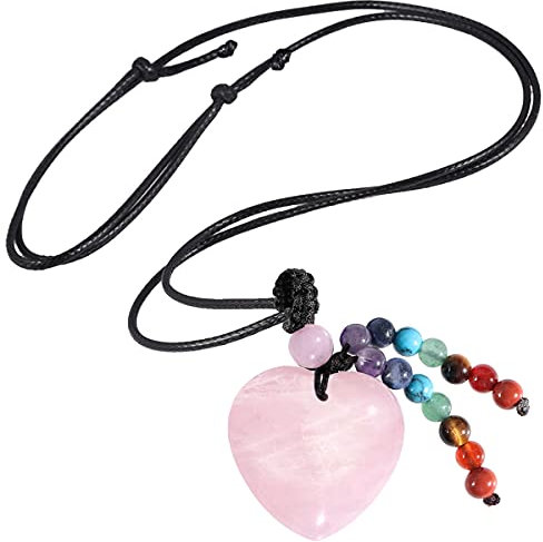 Nupuyai Heart Love Crystal Stone Pendant Necklace for Women Men 7 Chakra Healing Crystal Amulet Adjustable Necklace, Stone, rose quartz crystal stone,