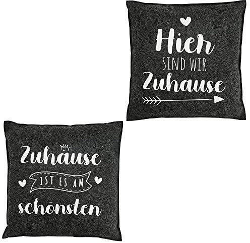Cepewa Kissen Filz 2er Set Zuhause │ 38x38cm Print 2 Motive Spruch dunkelgrau │ Kuschelkissen Sofakissen Dekokissen (1 x 2er Set Kissen dunkelgrau)