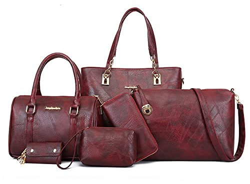 GONGKANGYUAN Damen Handtasche Set 6teilig, Schultertaschen Set Shopper UmhäNgetasche Geldbeutel Tote Taschen Henkeltaschen Clutches GeldböRsen SchlüSselhalter Shoulder Bag (Wein)