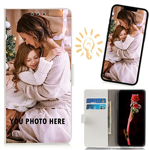CXKJ Personalised Photo Phone Case for Samsung Galaxy A13 4G,Design Your Own Photo Image,Text Phone Case,PU Leather Flip Cover Wallet Case Anti-shock,Anti Drop Personalised Case - White