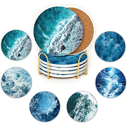 JJ Prime - Lot De 6 sous-verres en Céramique Ronde | Dessous De Verre Absorbants avec Support Doré | Anti-Rayures & Antidérapants | Cadeaux pour La Maison (Océan)
