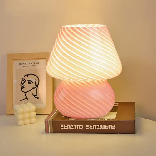 MLOQI Mushroom Lamp Aesthetic Room Decor Desk Decor Small Table Lamp Glass Vintage Bedside Lamp Mushroom Night Light Cute Night Light Mood Lamp Mini Lamp (Pink)