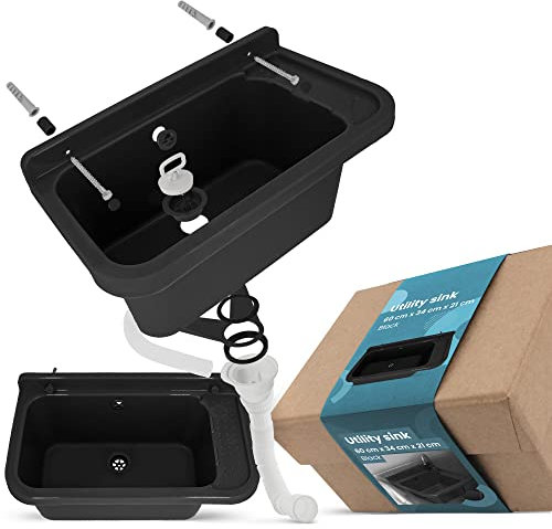 Waschbecken mit Regal 60 x 34 x 21 cm Schwarz | Spülbecken Ausgussbecken Waschtrog Becken Ablage Überlauf Gewerbe Waschraum Garten Garage Keller Werkstatt Waschküche Außenwaschbecken Gartenwaschbecken