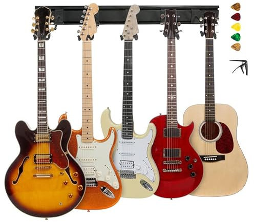 Guitar Wall Mount Hanger - 5 Guitar Wall Mount - Adjustable Guitar Wall Rack for String Instruments - Hangs Bass, Acoustic, Electric and Ukulele Guitars - Includes Guitar Picks and Capo