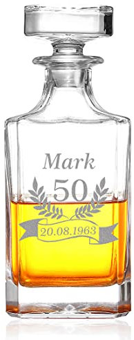 Carafe à whisky 700 ml avec gravure personnalisée - Motif couronne d'épis - Carré - Fabriqué à la main - Scotch Bourbon - Décoration pour bar, salon, anniversaire, Noël