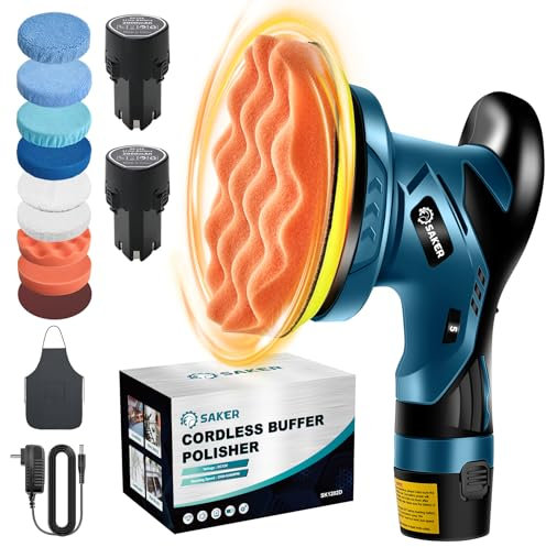 Saker Kabellos 12V Akku Auto Poliermaschine - 15 cm tragbares Polierwachsmaschinen-Kit für die Auto-Aufbereitung, mit 2 Batterien(12V-2000-mAh), 10 Zubehör, 1 SET