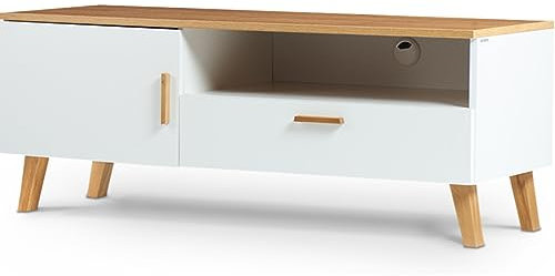Konsimo Frisk Kollektion TV Schrank 125,2x62,5x46cm - Weiß Sideboard Wohnzimmer im Skandinavischen Stil - Robust Fernsehschrank mit Holzbeinen - TV Tisch mit Schublade aus Holz