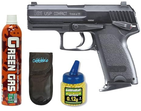 Pistola Airsoft HK USP Compact C02 Blowback Metalica. + Funda Portabalines + 1000 Bolas + bombonas Co2. 23054/21993/18398