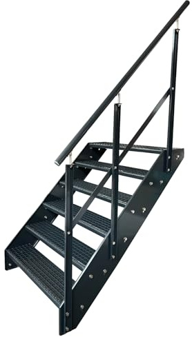 Kaminbau Mierzwa Premium Stahl Treppe mit Geländer Rechts in komplett Anthrazit RAL 7016/6 Stufen (Breite 1000 mm) (Höhe 114 cm) Wetterfest Gitterroststufe Gartentreppe