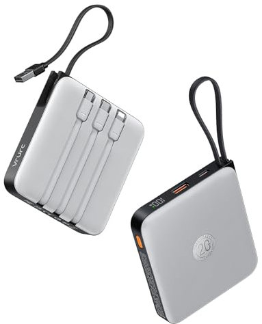 VRURC Power Bank 20000mAh mit Kabel Klein USB C Powerbank Schnelles Aufladen Mini Tragbares Ladegerät Externer Akku Klein und leicht mit 4 Ausgänge 3 Eingänge LED-Anzeige für iPhone Huawei Samsung usw
