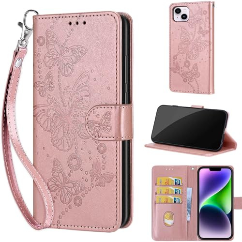 TOMYOU Wallet for iPhone 14 Plus 6.7-Inch Case, Rose Gold Butterfly | Embossed PU Leather, Folio Flip Notebook Wallet, Magnet Closure, Kickstand, 3 Card Slots, Wrist Strap Lanyard