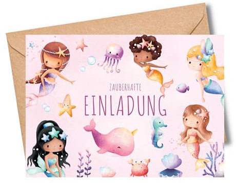 MeinBaby123® 10 Einladungskarten Kindergeburtstag süßer Hund | Geburtstagseinladungen für Kinder | Boho Einladungskarten | inkl. 10 Briefumschläge (Meerjungfrau V4)