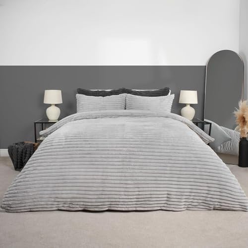 OHS Silver Duvet Cover Double Ribbed, Fluffy Bedding with Pillowcases Reverse Teddy Fleece Bedding Soft Warm Chunky Winter Duvet Set