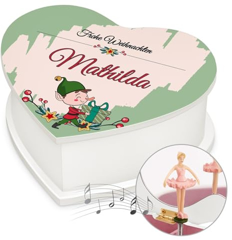 Maverton personalisierte Musikschmuckdose in Herzform mit Aufzieh-Spieluhr - Schmuckkästchen Ballerina Spieldose - Herz Schmuckkiste für Mädchen zur Taufe Erstkommunion - zu Weihnachten - Elbe